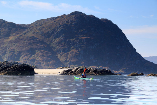 Approaching Silver Sands Beach, Eileen Shona behind Sea Kayak Eilean Shona Beach Silver Sands
