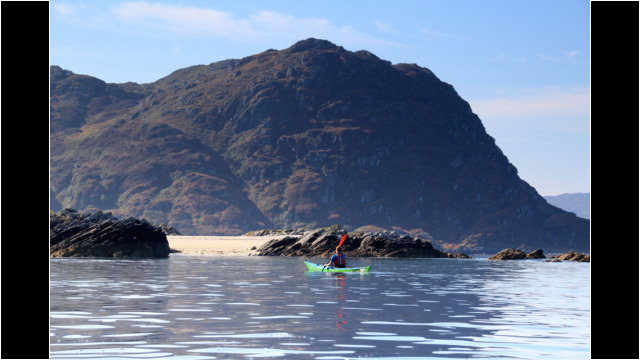 Approaching Silver Sands Beach, Eileen Shona behind Sea Kayak Eilean Shona Beach Silver Sands
